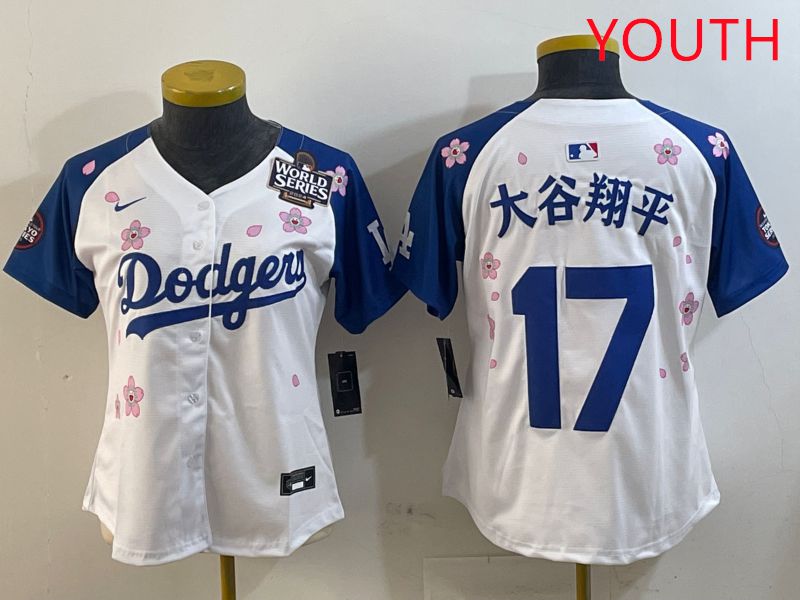 Youth Los Angeles Dodgers #17 Ohtani White Blue Sakura Edition 2025 Nike MLB Jersey style 16->youth mlb jersey->Youth Jersey